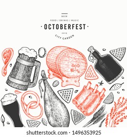 Octoberfest banner. Vector hand drawn illustrations. Greeting Beer festival design template in retro style. Autumn background.