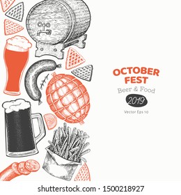 Octoberfest banner. Vector hand drawn illustrations. Greeting Beer festival design template in retro style. Autumn background.