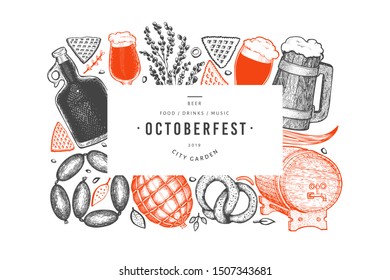 Octoberfest banner. Vector hand drawn illustrations. Greeting Beer festival design template in retro style. Autumn background.