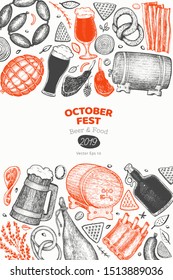 Octoberfest banner. Vector hand drawn illustrations. Greeting Beer festival design template in retro style. Autumn background.