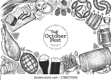 Octoberfest banner. Vector hand drawn illustrations. Greeting Beer festival design template in retro style. Autumn background.