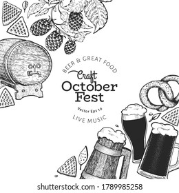 Octoberfest banner. Vector hand drawn illustrations. Greeting Beer festival design template in retro style. Autumn background.