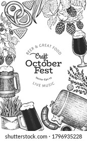 Octoberfest Banner. Vector Hand Drawn Illustrations. Greeting Beer Festival Design Template In Retro Style. Autumn Background.