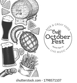 Octoberfest banner. Vector hand drawn illustrations. Greeting Beer festival design template in retro style. Autumn background.