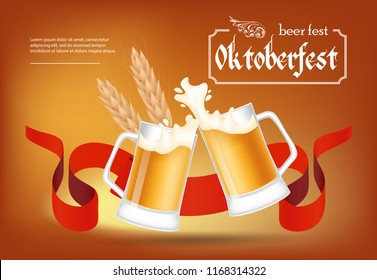 Octoberfest, beer fest poster design. Clinking beer glasses, wheat spikes and red ribbon on brown background. Template can be used for bar signs, brochures, banners
