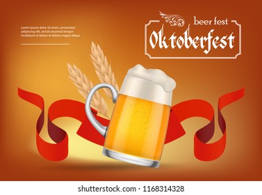 Octoberfest beer fest poster design. Pint of beer, wheat spike and red ribbon on brown background. Template can be used for bar signs, brochures, banners