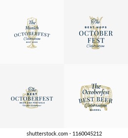 Octoberfest Beer Festival Abstract Vector Signs, Symbols or Logo Templates Set. Hand Drawn Beer Barrel, Mug and Glass Sketch with Classic Typography. Vintage Beer Emblem or Label. Isolated.