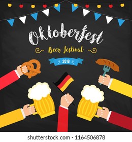 Octoberfest beer festival colorful poster. Composition with human hands toasting beer in centre and beer glasses in circle. Pretzels, beer, sausage and flag