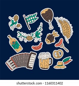 Octoberfest beer festival doodle hand drawn set. Vector illustration. Octoberfest color festival icons.