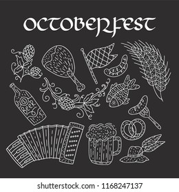 Octoberfest beer festival doodle hand drawn set. Vector outline illustration. October fest festival icons.