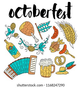 Octoberfest beer festival doodle hand drawn set. Vector illustration. Octoberfest color festival icons.