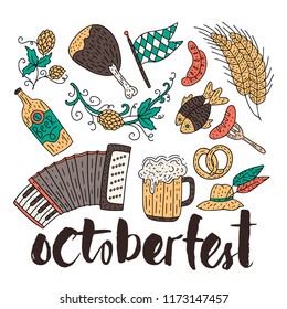 Octoberfest beer festival doodle hand drawn set. Vector illustration. Octoberfest color festival icons.