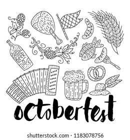 Octoberfest beer festival doodle hand drawn set. Vector illustration. Octoberfest outline festival icons.