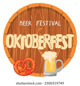 Octoberfest Beer Festival letras escritas a mano. Fondo de dibujos animados con vidrio lleno de espuma bebida y pretzel sobre fondo de barril de madera. Anuncio de celebración del Oktoberfest. Ilustración plana de Vector.