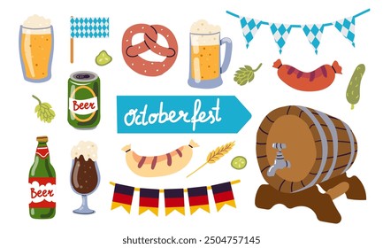 Octoberfest Beer Festival icons set . Beer, grilled sausage .Vector illustration glass with beer various decorative elements .Vector illustration flat style. Autumn food and drinks.