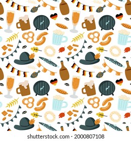 Octoberfest beer festival seamless pattern on white background. Hand drawn vector illustration in doodle color style