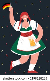 Festival de Cervezas Oktoberfest. Una mujer con un traje nacional alemán sostiene una taza de cerveza y una bandera de Alemania. Ilustración plana vectorial.