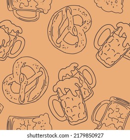 Octoberfest beer mug pattern for wallpaper, wrapping paper, textile fabric print, beer shop design. Summer holiday, food and drink. Decorative colourful vector background.  Hand drawn illustration.