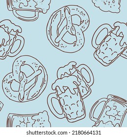 Octoberfest beer mug pattern for wallpaper, wrapping paper, textile fabric print, beer shop design. Summer holiday, food and drink. Decorative colourful vector background.  Hand drawn illustration.