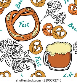 Octoberfest beer mug pattern for wallpaper, wrapping paper, textile fabric print, beer shop design. Summer holiday, food and drink. Decorative colourful vector background.  Hand drawn illustration.