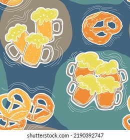 Octoberfest beer mug pattern for wallpaper, wrapping paper, textile fabric print, beer shop design. Summer holiday, food and drink. Decorative colourful vector background.  Hand drawn illustration.