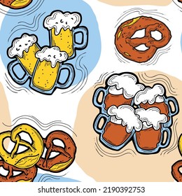 Octoberfest beer mug pattern for wallpaper, wrapping paper, textile fabric print, beer shop design. Summer holiday, food and drink. Decorative colourful vector background.  Hand drawn illustration.