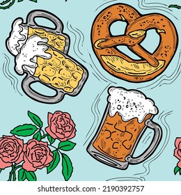 Octoberfest beer mug pattern for wallpaper, wrapping paper, textile fabric print, beer shop design. Summer holiday, food and drink. Decorative colourful vector background.  Hand drawn illustration.