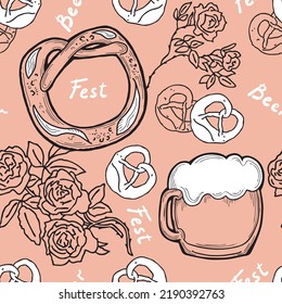 Octoberfest beer mug pattern for wallpaper, wrapping paper, textile fabric print, beer shop design. Summer holiday, food and drink. Decorative colourful vector background.  Hand drawn illustration.