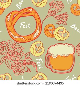 Octoberfest beer mug pattern for wallpaper, wrapping paper, textile fabric print, beer shop design. Summer holiday, food and drink. Decorative colourful vector background.  Hand drawn illustration.