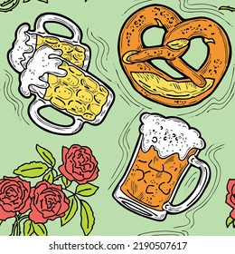 Octoberfest beer mug pattern for wallpaper, wrapping paper, textile fabric print, beer shop design. Summer holiday, food and drink. Decorative colourful vector background.  Hand drawn illustration.