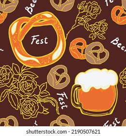 Octoberfest beer mug pattern for wallpaper, wrapping paper, textile fabric print, beer shop design. Summer holiday, food and drink. Decorative colourful vector background.  Hand drawn illustration.