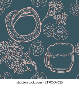 Octoberfest beer mug pattern for wallpaper, wrapping paper, textile fabric print, beer shop design. Summer holiday, food and drink. Decorative colourful vector background.  Hand drawn illustration.