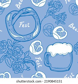 Octoberfest beer mug pattern for wallpaper, wrapping paper, textile fabric print, beer shop design. Summer holiday, food and drink. Decorative colourful vector background.  Hand drawn illustration.