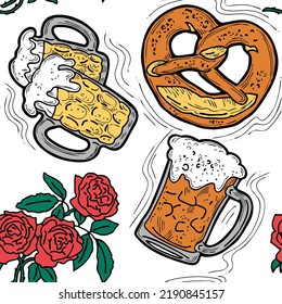 Octoberfest beer mug pattern for wallpaper, wrapping paper, textile fabric print, beer shop design. Summer holiday, food and drink. Decorative colourful vector background.  Hand drawn illustration.