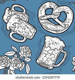 Octoberfest beer mug pattern for wallpaper, wrapping paper, textile fabric print, beer shop design. Summer holiday, food and drink. Decorative colourful vector background.  Hand drawn illustration.