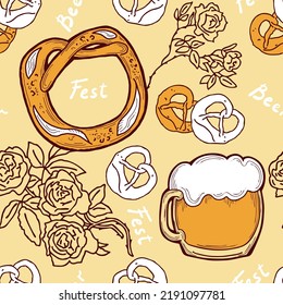 Octoberfest beer mug pattern for wallpaper, wrapping paper, textile fabric print, beer shop design. Summer holiday, food and drink. Decorative colourful vector background.  Hand drawn illustration.