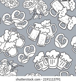 Octoberfest beer mug pattern for wallpaper, wrapping paper, textile fabric print, beer shop design. Summer holiday, food and drink. Decorative colourful vector background.  Hand drawn illustration.