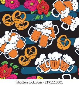 Octoberfest beer mug pattern for wallpaper, wrapping paper, textile fabric print, beer shop design. Summer holiday, food and drink. Decorative colourful vector background.  Hand drawn illustration.