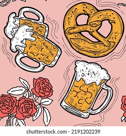 Octoberfest beer mug pattern for wallpaper, wrapping paper, textile fabric print, beer shop design. Summer holiday, food and drink. Decorative colourful vector background.  Hand drawn illustration.