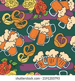 Octoberfest beer mug pattern for wallpaper, wrapping paper, textile fabric print, beer shop design. Summer holiday, food and drink. Decorative colourful vector background.  Hand drawn illustration.