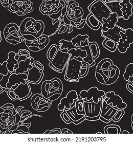 Octoberfest beer mug pattern for wallpaper, wrapping paper, textile fabric print, beer shop design. Summer holiday, food and drink. Decorative colourful vector background.  Hand drawn illustration.