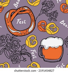 Octoberfest beer mug pattern for wallpaper, wrapping paper, textile fabric print, beer shop design. Summer holiday, food and drink. Decorative colourful vector background.  Hand drawn illustration.