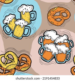 Octoberfest beer mug pattern for wallpaper, wrapping paper, textile fabric print, beer shop design. Summer holiday, food and drink. Decorative colourful vector background.  Hand drawn illustration.