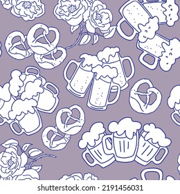 Octoberfest beer mug pattern for wallpaper, wrapping paper, textile fabric print, beer shop design. Summer holiday, food and drink. Decorative colourful vector background.  Hand drawn illustration.