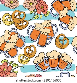 Octoberfest beer mug pattern for wallpaper, wrapping paper, textile fabric print, beer shop design. Summer holiday, food and drink. Decorative colourful vector background.  Hand drawn illustration.