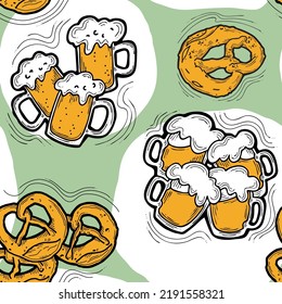 Octoberfest beer mug pattern for wallpaper, wrapping paper, textile fabric print, beer shop design. Summer holiday, food and drink. Decorative colourful vector background.  Hand drawn illustration.