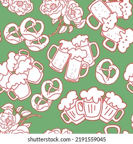 Octoberfest beer mug pattern for wallpaper, wrapping paper, textile fabric print, beer shop design. Summer holiday, food and drink. Decorative colourful vector background.  Hand drawn illustration.