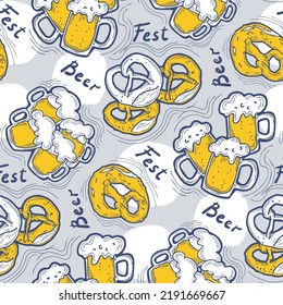 Octoberfest beer mug pattern for wallpaper, wrapping paper, textile fabric print, beer shop design. Summer holiday, food and drink. Decorative colourful vector background.  Hand drawn illustration.