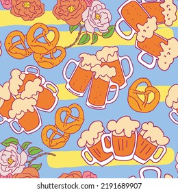 Octoberfest beer mug pattern for wallpaper, wrapping paper, textile fabric print, beer shop design. Summer holiday, food and drink. Decorative colourful vector background.  Hand drawn illustration.