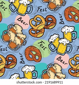 Octoberfest beer mug pattern for wallpaper, wrapping paper, textile fabric print, beer shop design. Summer holiday, food and drink. Decorative colourful vector background.  Hand drawn illustration.